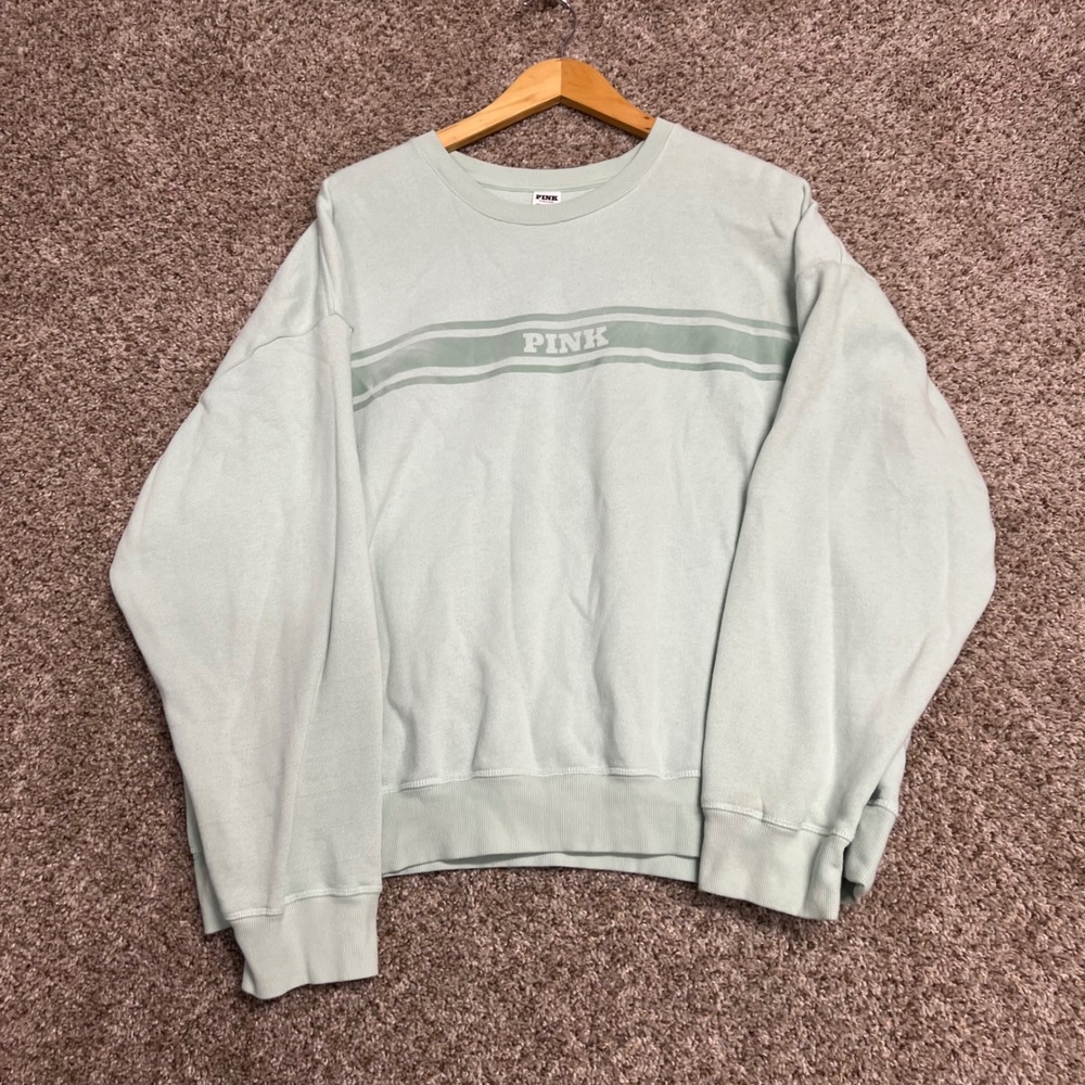 Pink Victoria's Secret Mint Green Logo Stripe Crewneck Sweatshirt XXL